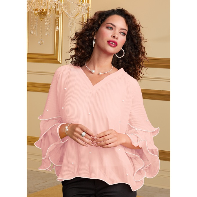 Mia Ruffled Blouse with Tiered  Statement Sleeves and Faux-Pearl Accents, , large