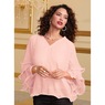 Mia Ruffled Blouse with Tiered  Statement Sleeves and Faux-Pearl Accents, , large
