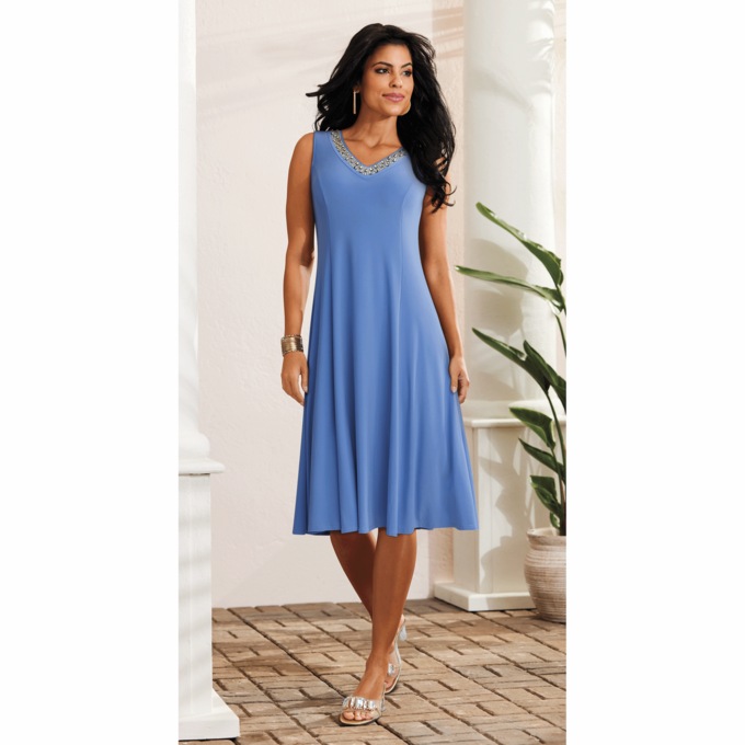 Keagan Embellished Neck A-Line Dress, , large