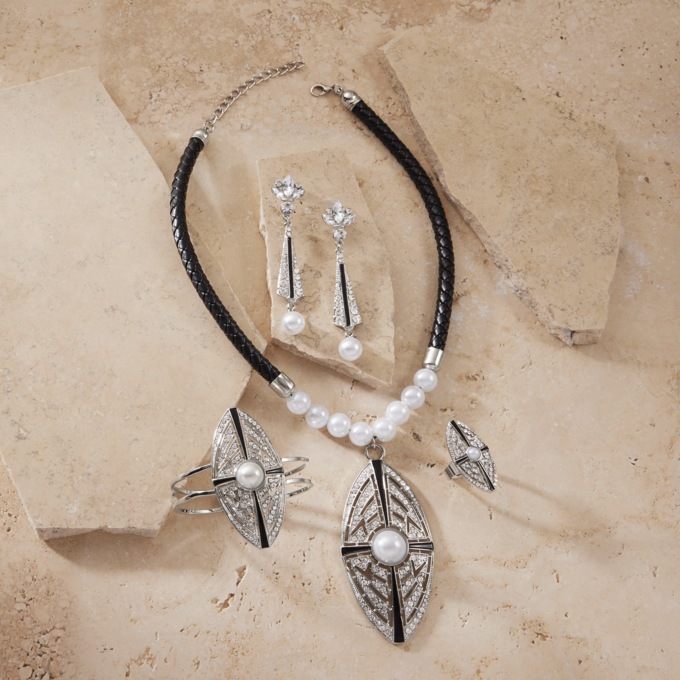 Vintage Faux-Pearl & Crystal 4-Piece Necklace, Bracelet, Earring & Ring Set, Silvertone, large
