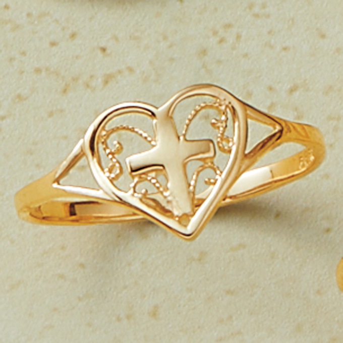 10K Gold Heart Cross Ring, , large
