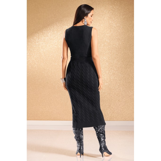 Natisha 3-Piece Textured Sweater Skirt Set with Cardigan and Tank Top, Black, large
