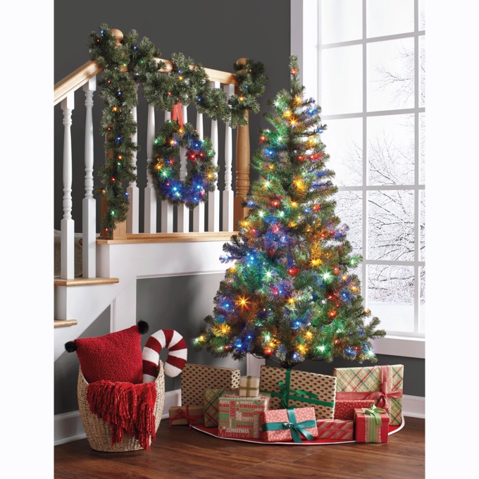 Pre-Lit Christmas Tree, Wreath & Garland Set, 3 Pieces, , large