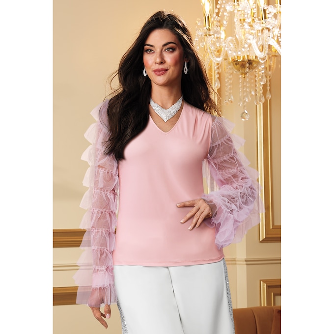 Zia V-Neck Top with Sheer Ruffle Sleeves, Pink, large