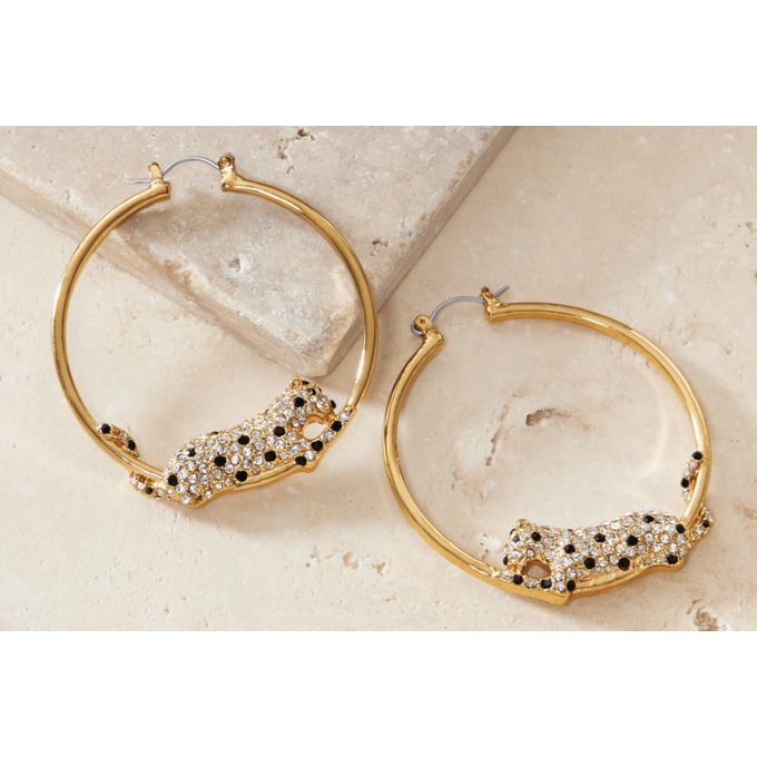 Crystal Leopard Hoops, Goldtone, large