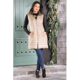 Remy Women&rsquo;s Reversible Long Puffer Vest with Faux Fur and Quilted Sides, , large