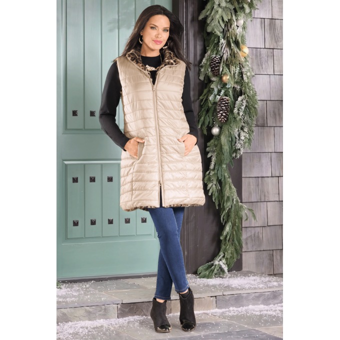 Remy Women&rsquo;s Reversible Long Puffer Vest with Faux Fur and Quilted Sides, , large