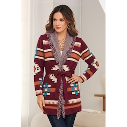 Sienna Southwestern Duster Cardigan with Fringed Shawl Collar and Belt, , large