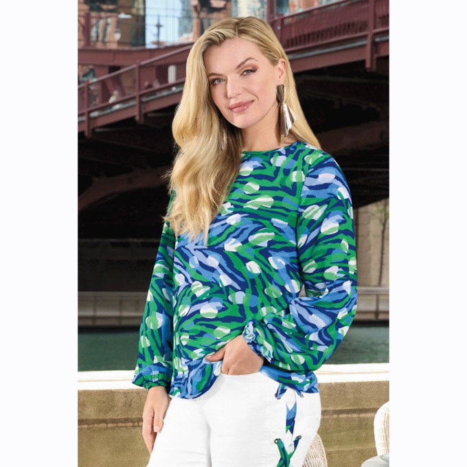 Camellia Full-Sleeve Blouse with Vibrant Watercolor Print, , large