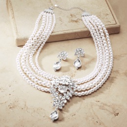Vintage-Look Crystal/Faux-Pearl Necklace &amp; Earring Set, , large