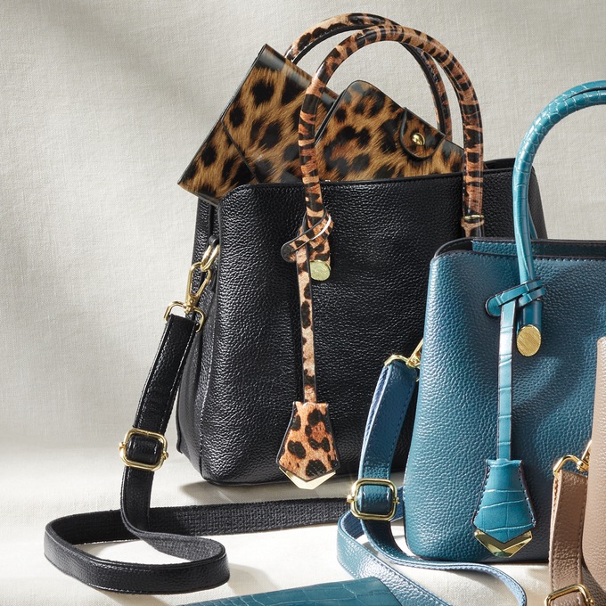 Faux Leather Satchel Set with Croco-Embossed Accessories, Black Leopard, large