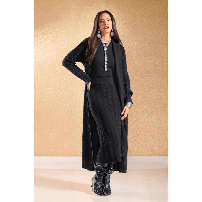 Natisha 3-Piece Textured Sweater Skirt Set with Cardigan and Tank Top, Black, large