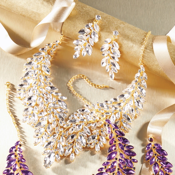 Crystal Marquise/Vines Goldtone Necklace & Earring Set, Clear, large