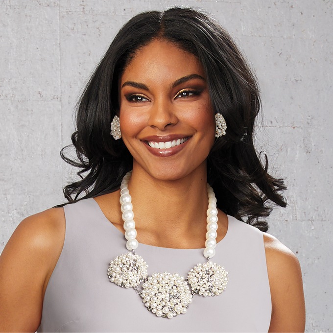 Faux-Pearl Crystal Cluster Necklace & Earring Set, , large