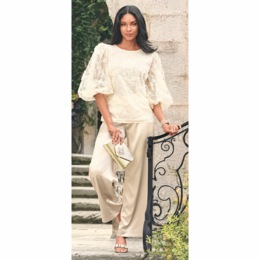 Sami Sheer Balloon-Sleeve Blouse with Sparkles and Embroidered Leaves, , large