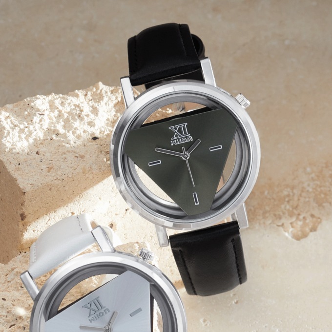 Triangle Face Watch with Leather Band, Black, large