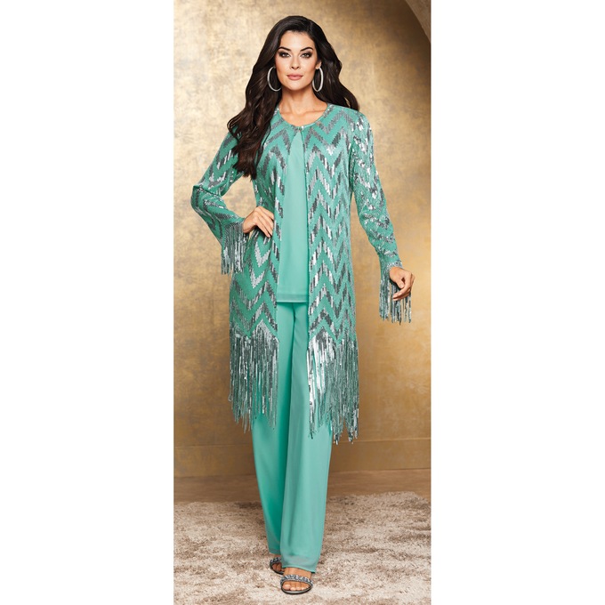 Rebekah Sequin Fringe 3-Piece Pant Set, , large