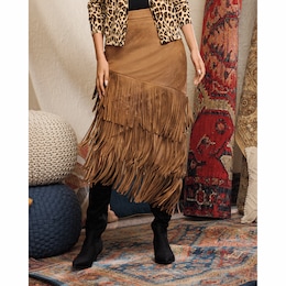 Farah Faux-Suede Fringe Midi Skirt with Asymmetrical Hem, , large