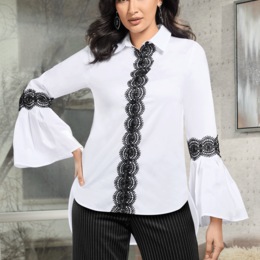 Kendra High-Low Tunic with Bell Sleeves and Lace Trim, , large