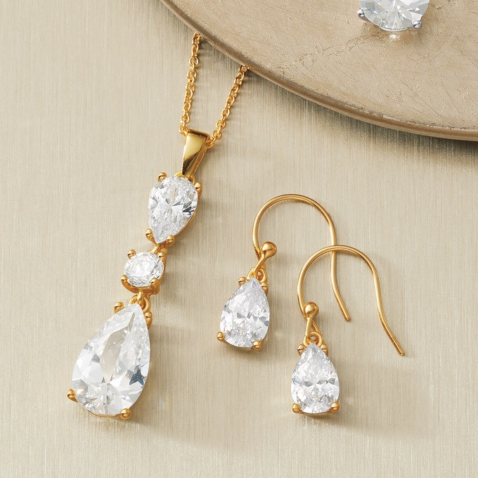 Cubic Zirconia Pear Drop Necklace & Earring Set, , large
