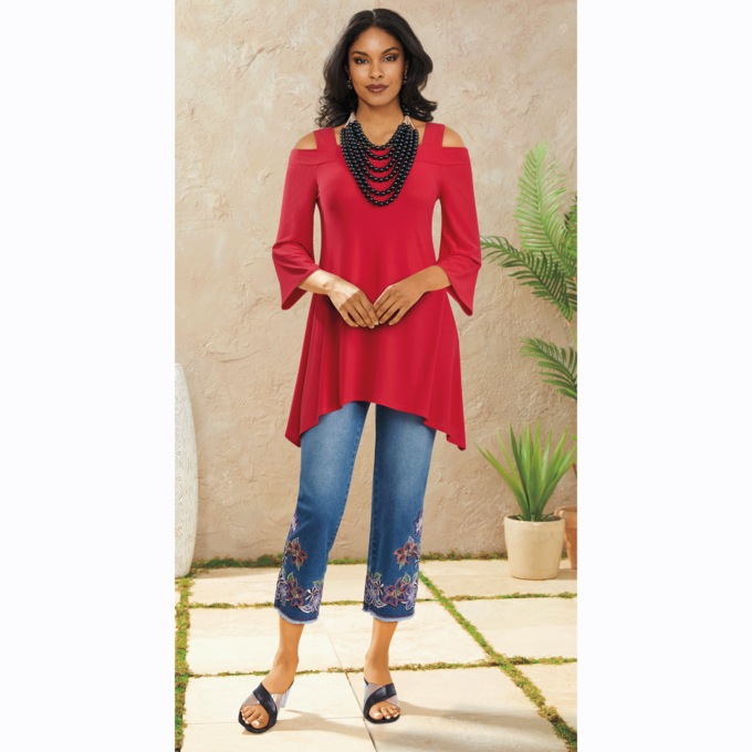Cara Cold-Shoulder Tunic with Flared Sharkbite Hem, , large