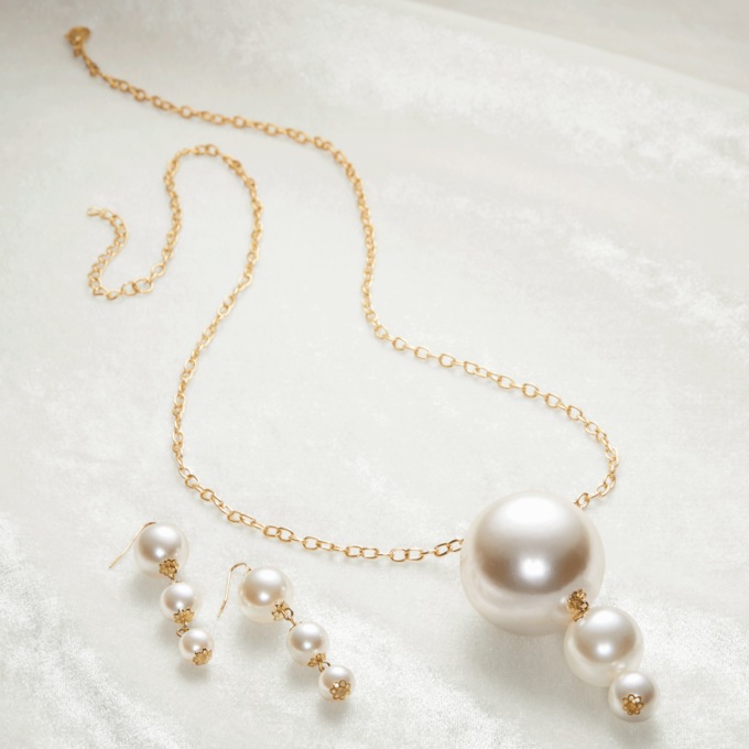 Faux-Pearl Drop/Long Necklace & Earring Set, , large