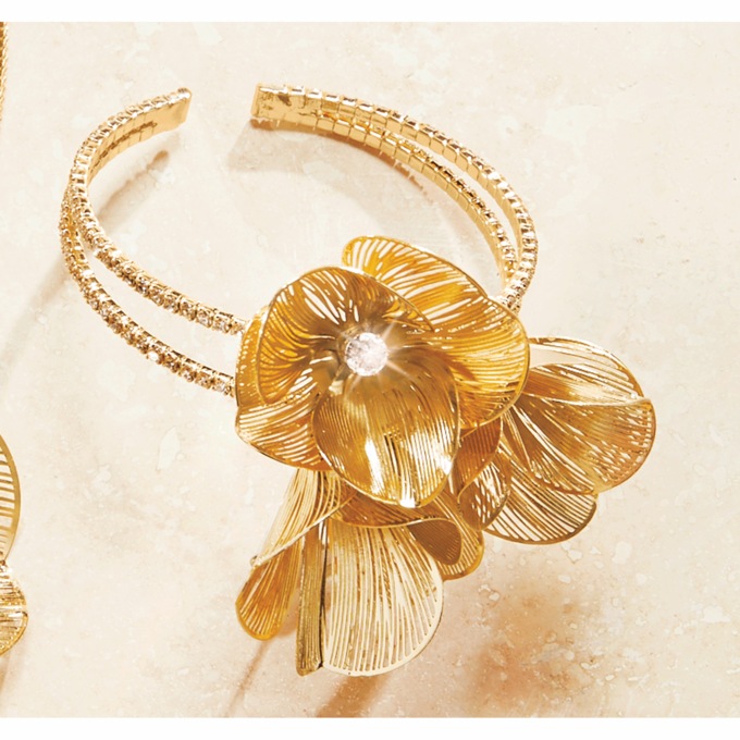 Metallic 3-D Crystal Floral Cuff, , large