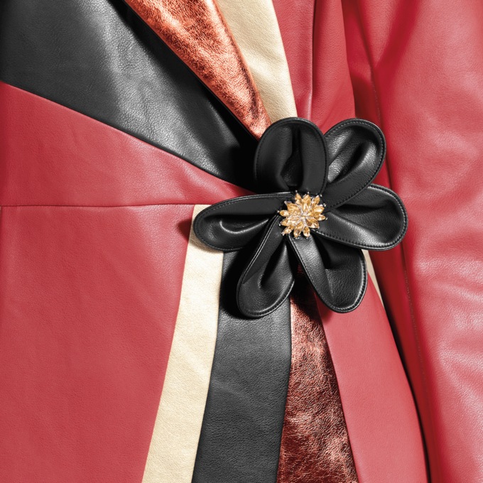 Whitley Faux-Leather Colorblocked A-Line Dress with Flower Brooch, , large