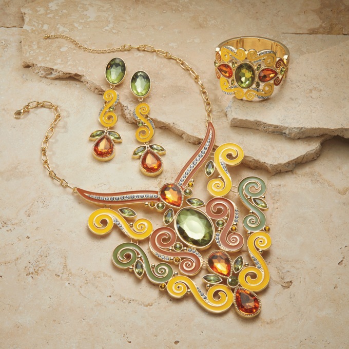 Enamel Scroll Crystal Necklace, Multi, large