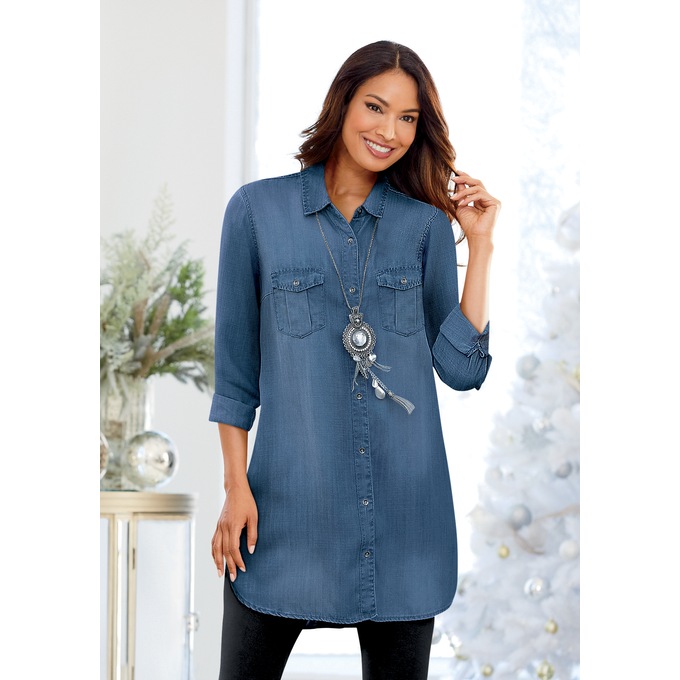 Long-Sleeved Denim Button-Up Tunic, , large