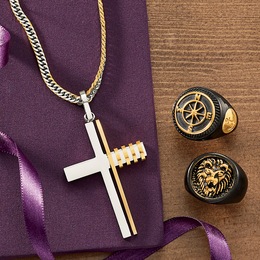 Men&amp;&#35;39;s Two-Tone Stainless Steel Cross Pendant and Ring, , large
