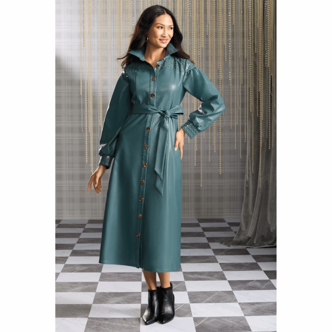 Jadine Faux-Leather Studded A-Line Dress, , large