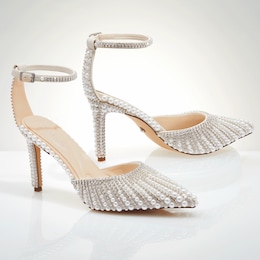 Azalea Wang Davina Ankle Strap 3" Pump with Rhinestones and Faux Pearls, , large