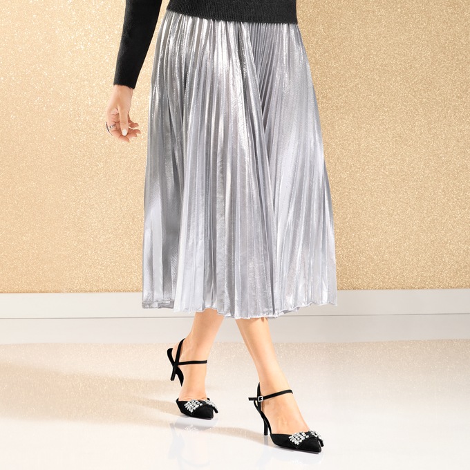 Mya Metallic Shimmer Full Pleated Midi Skirt, , large