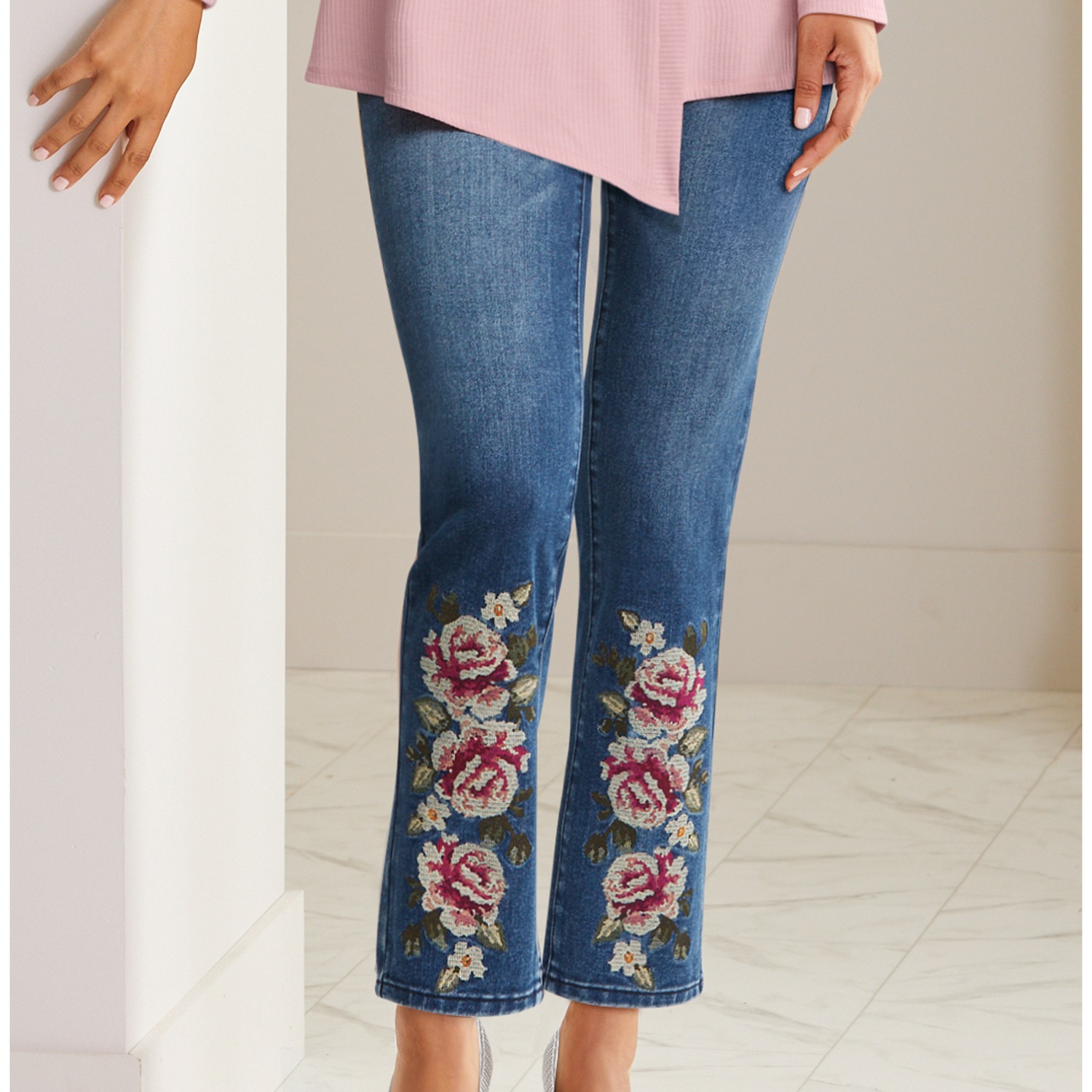 Floral Cross Stitch Pattern Washed Twill Pants