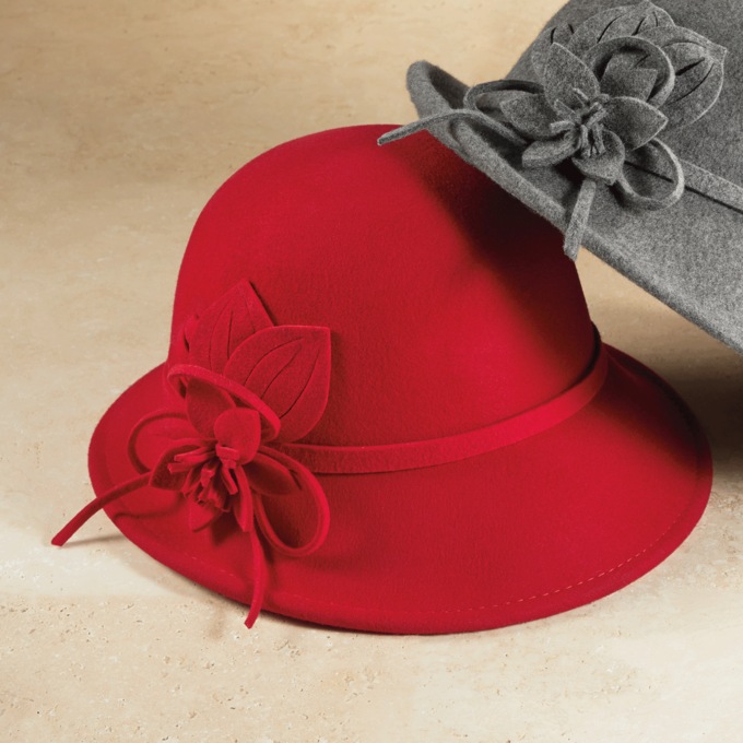 Elenor Wool Flower Fedora, Red, large