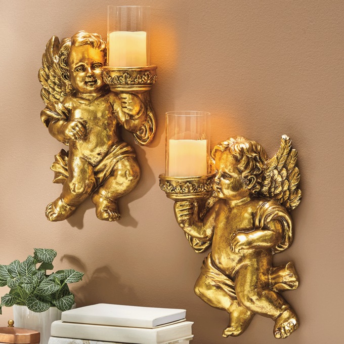 Set of 2 Golden Cherub Sconces, , large