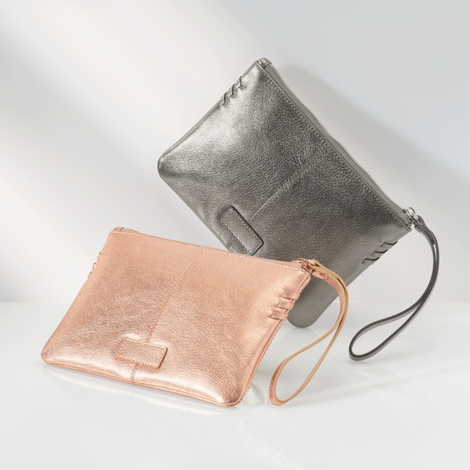 Zippered Metallic Faux Leather Wristlet, , large