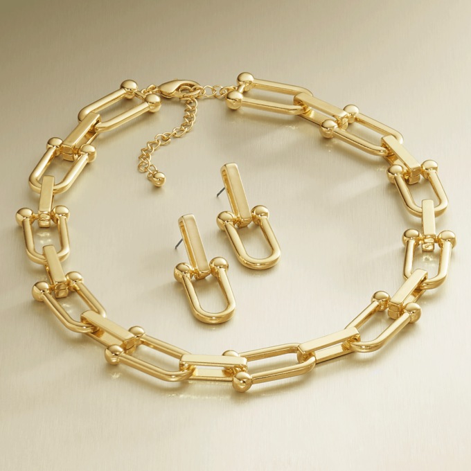 Stirrup Link Necklace and Earring Set, , large
