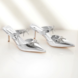 Azalea Wang Charlotte Rhinestone-Bow Mule in Shiny Metallic Faux Patent Leather, , large