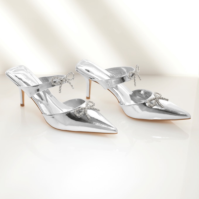 Azalea Wang Charlotte Rhinestone-Bow Mule in Shiny Metallic Faux Patent Leather, , large