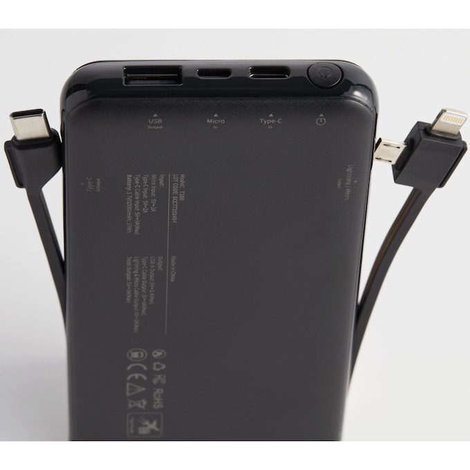 10,000mAh Portable Power Bank with Built-In USB-C, Micro USB and Lightning Cables, , large