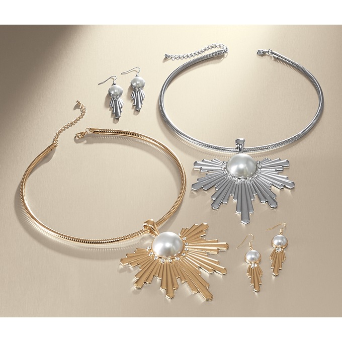 Faux-Pearl Ray Necklace and Earring Set, , large