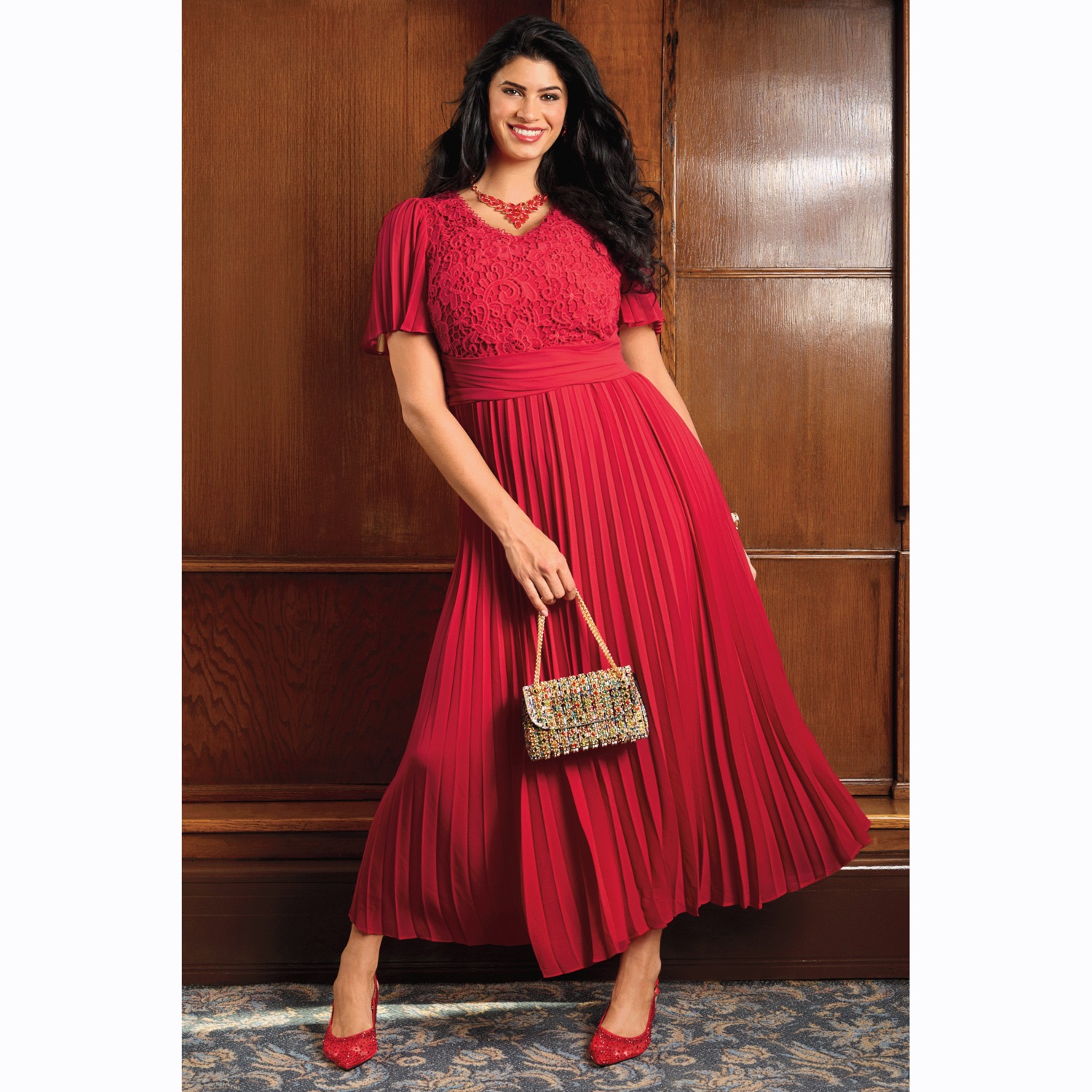 Lace-Bodice Flowy Pleated Maxi Dress with V-Neck and Flutter Sleeves |  Midnight Velvet