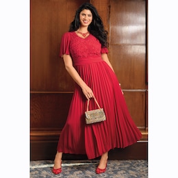 Lace-Bodice Flowy Pleated Maxi Dress with V-Neck and Flutter Sleeves, , large