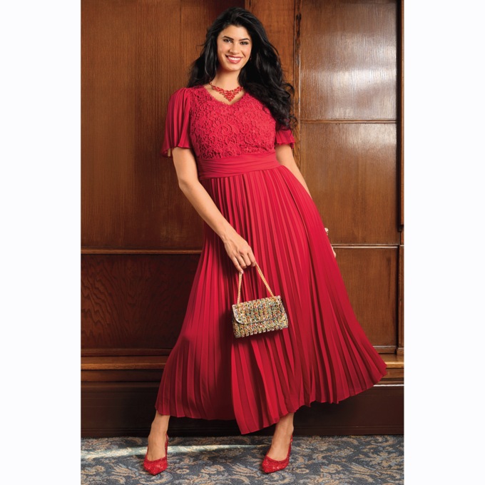 Lace-Bodice Flowy Pleated Maxi Dress with V-Neck and Flutter Sleeves, , large