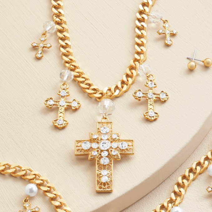 Charms and Pendant Cross Necklace & Earring Set, , large