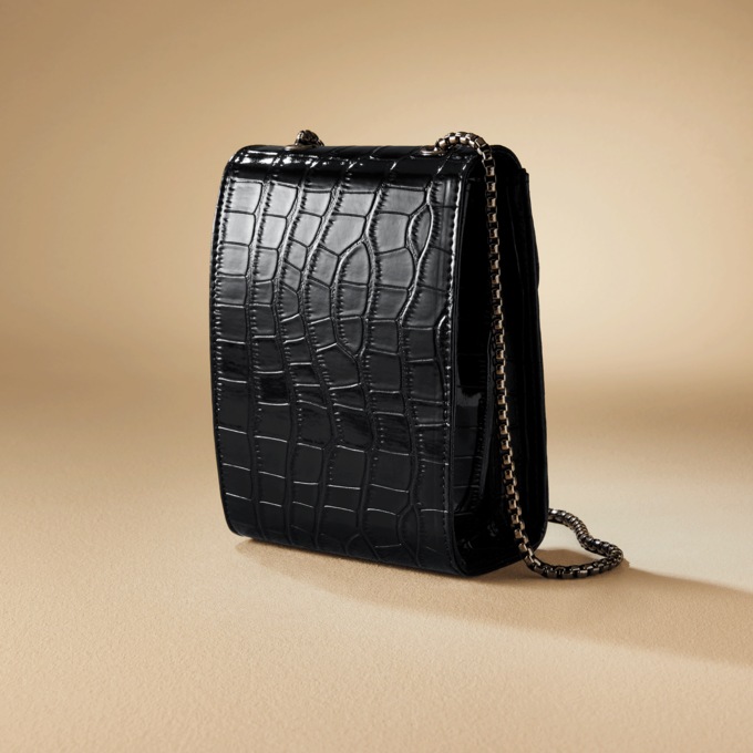 Croco Faux-Leather Cellphone Crossbody with Chain Crossbody Strap, Black, large