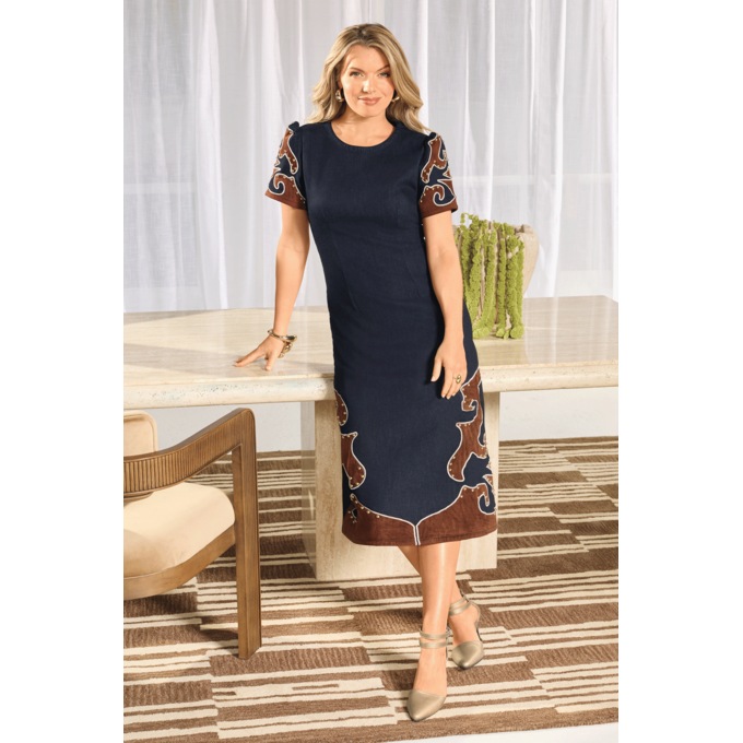 Rodina Stretch-Denim A-Line Midi Dress with Studded Faux-Suede Appliqu&eacute;s, , large