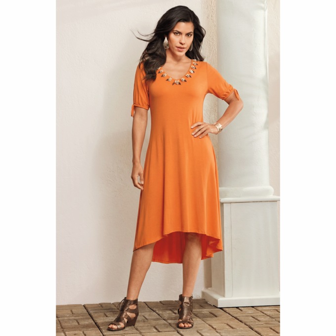 Georgine A-Line Dress with Beaded V-Neck and Puffed Sleeves, , large